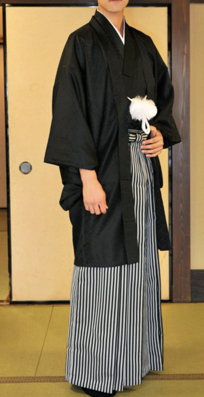Japanese Men’s Traditional Kimono HAORI Montsuki Hakama 3pcs Set Black