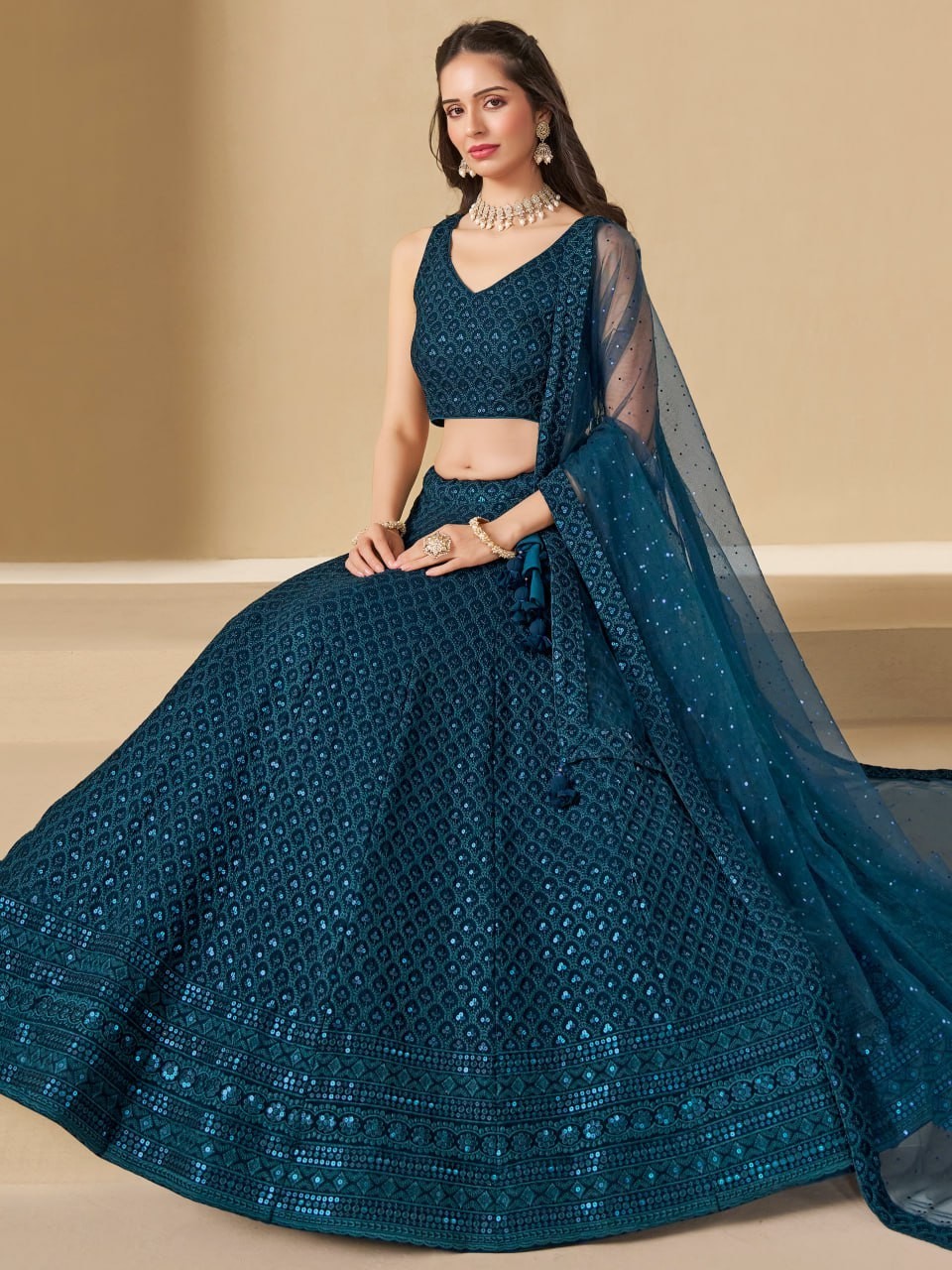 Navy Blue Sequin Lehenga Choli with Cape Dupatta Stitched Ethnic Wear