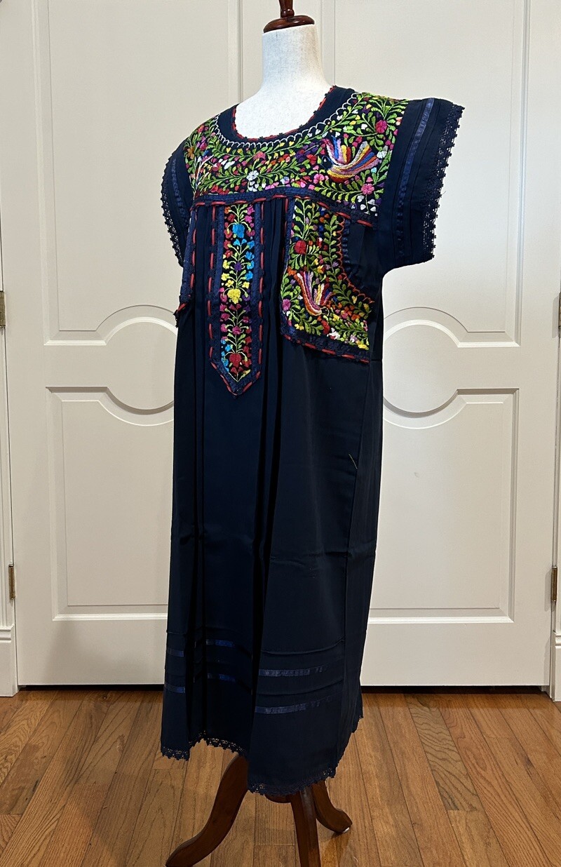 Mexican Navy Blue dress, Oaxaca dress, hand embroidery dress.