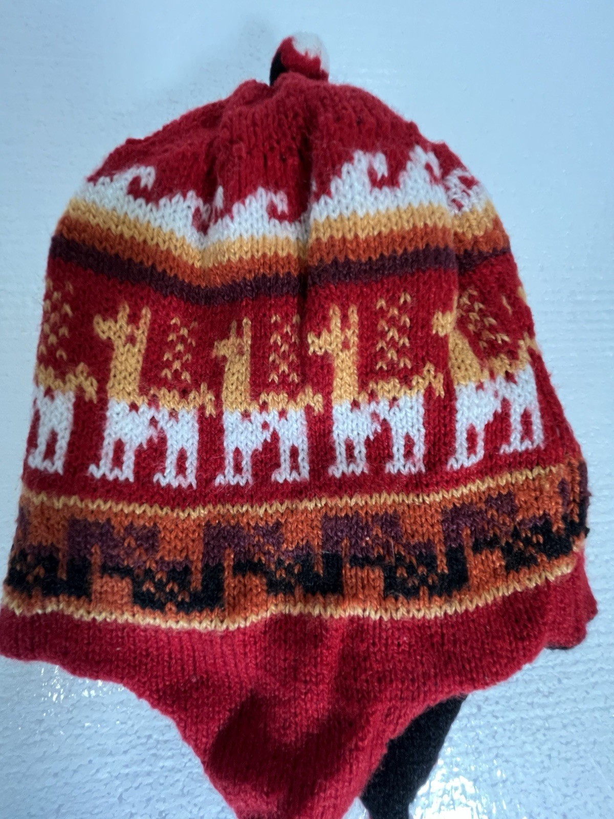 Handmade Peruvian Chullo Knit Hat Cusco Design Llama Motif Ear Flaps Acrylic