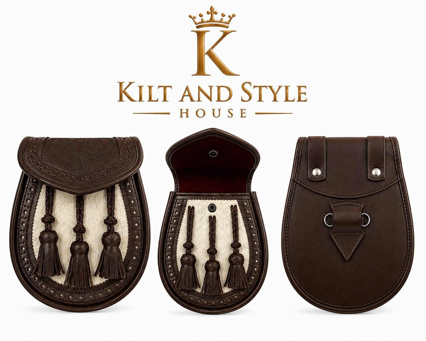 Brown Leather Day Sporran White Fur Front Scottish Kilt Sporran with Chain Belt