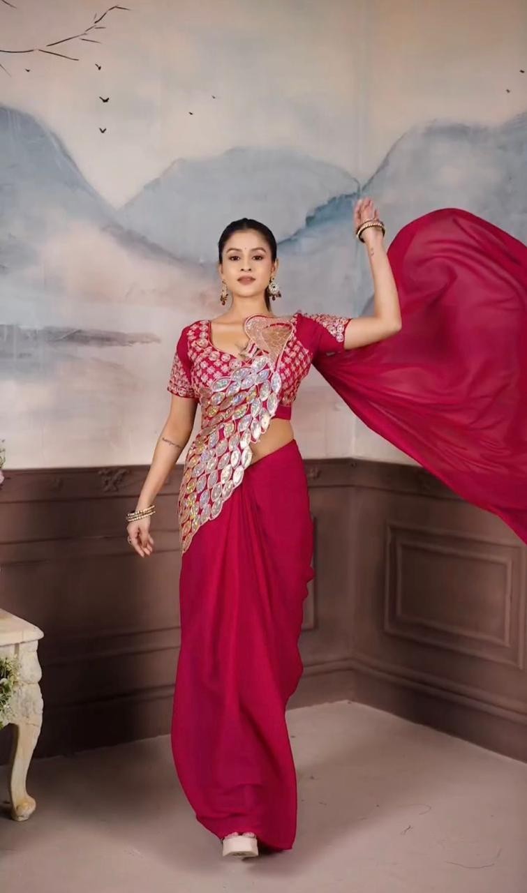 Designer Pre Drapped Saree Blouse Ready To Wear Saree Bollywood Party Wear Sari