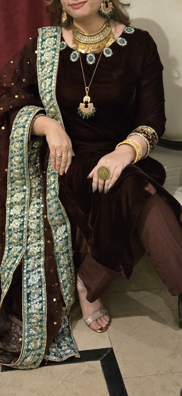 Brown Velvet Shalwar kameez, stitched ,wedding party,With Stone & Mukesh Dupata