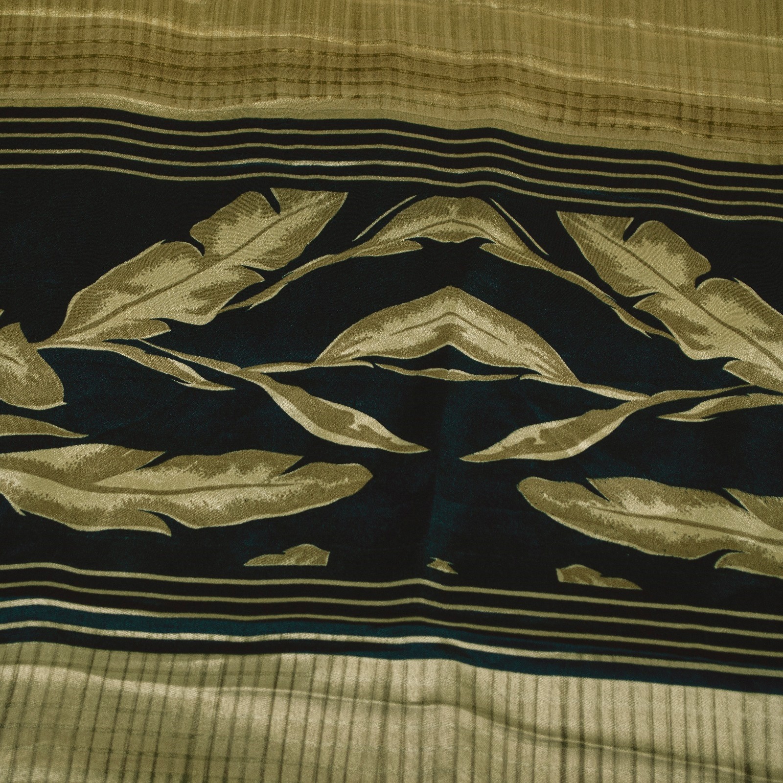 Sanskriti Vintage Sarees Brownish Golden Moss Crepe Leaf Print 5+Yd Quiltingsari