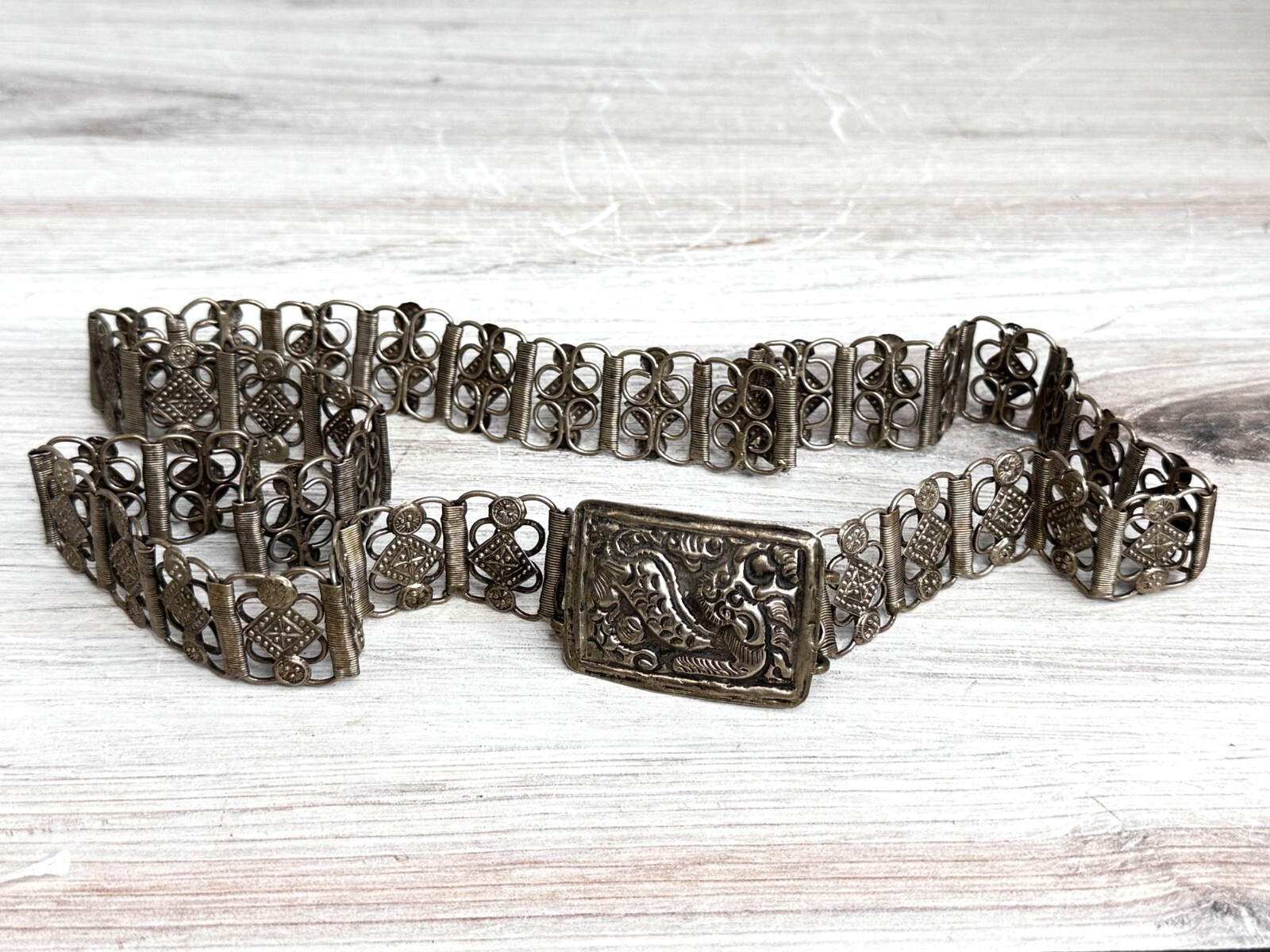 Vintage Chinese Asian Dragon Silver Toned Belt Buckle Filigree Belt