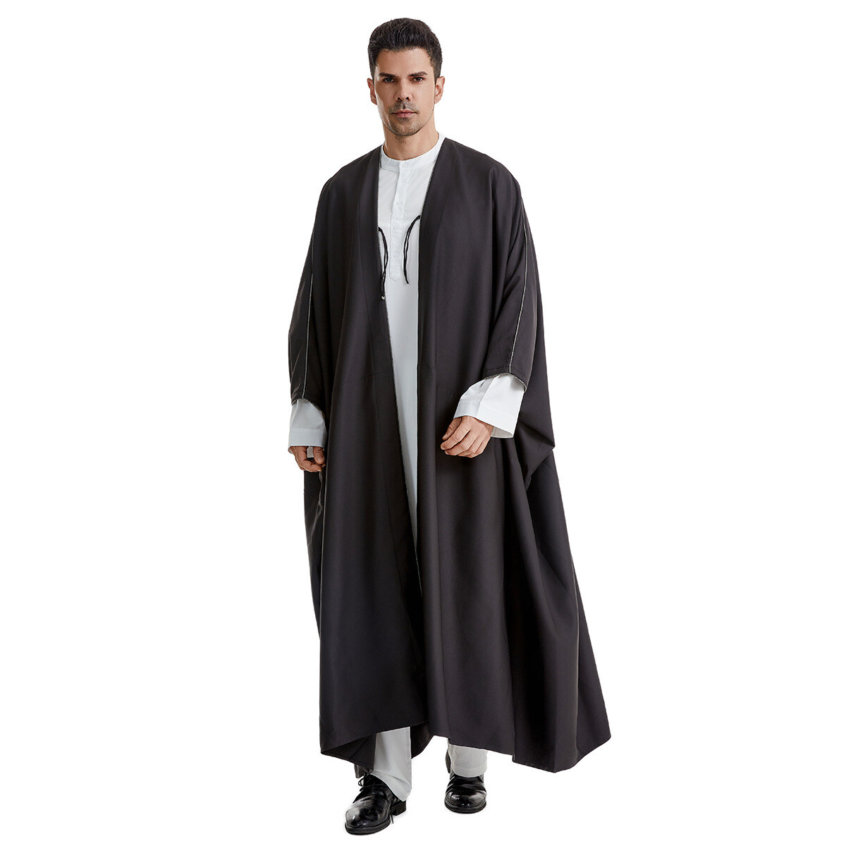 Saudi Arab Men Solid Color Open Kimono Batwing Robe Muslim Abaya Ramadan Prayer