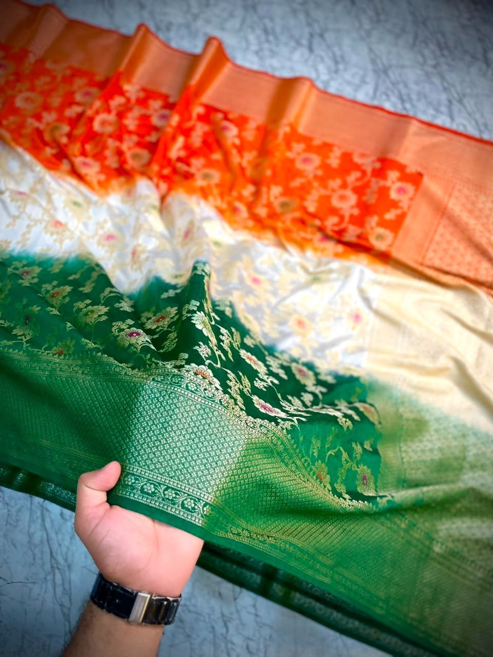Banarasi Chinia Silk Saree Tricolor Tiranga Zari Weaving Party Wear Sarees