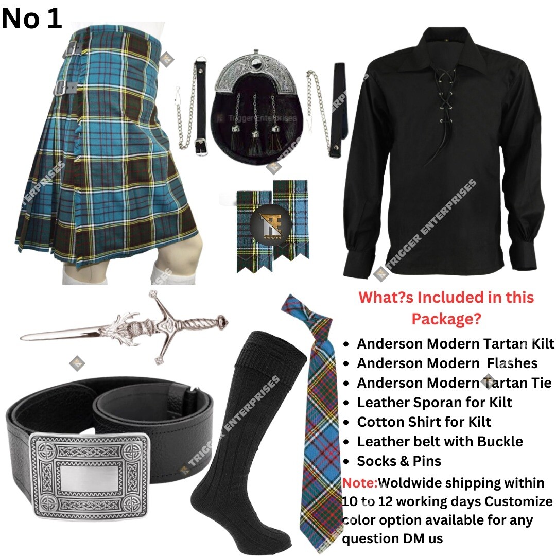 Handmade Men’s 8 yard 16oz Anderson Modern Tartan Kilt Outfits -Customize Size