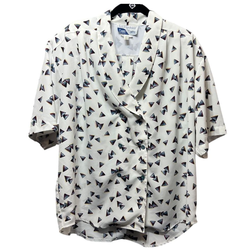 Vintage 80s Triangle Print Short Sleeve Blouse White Size 16 Workwear Secretary