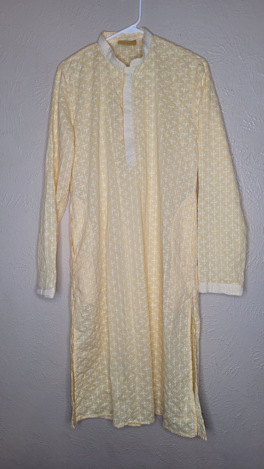Mohanlal Sons Mens Tunic Georgette Kurta Yellow Eyelet Embroidered Large 40