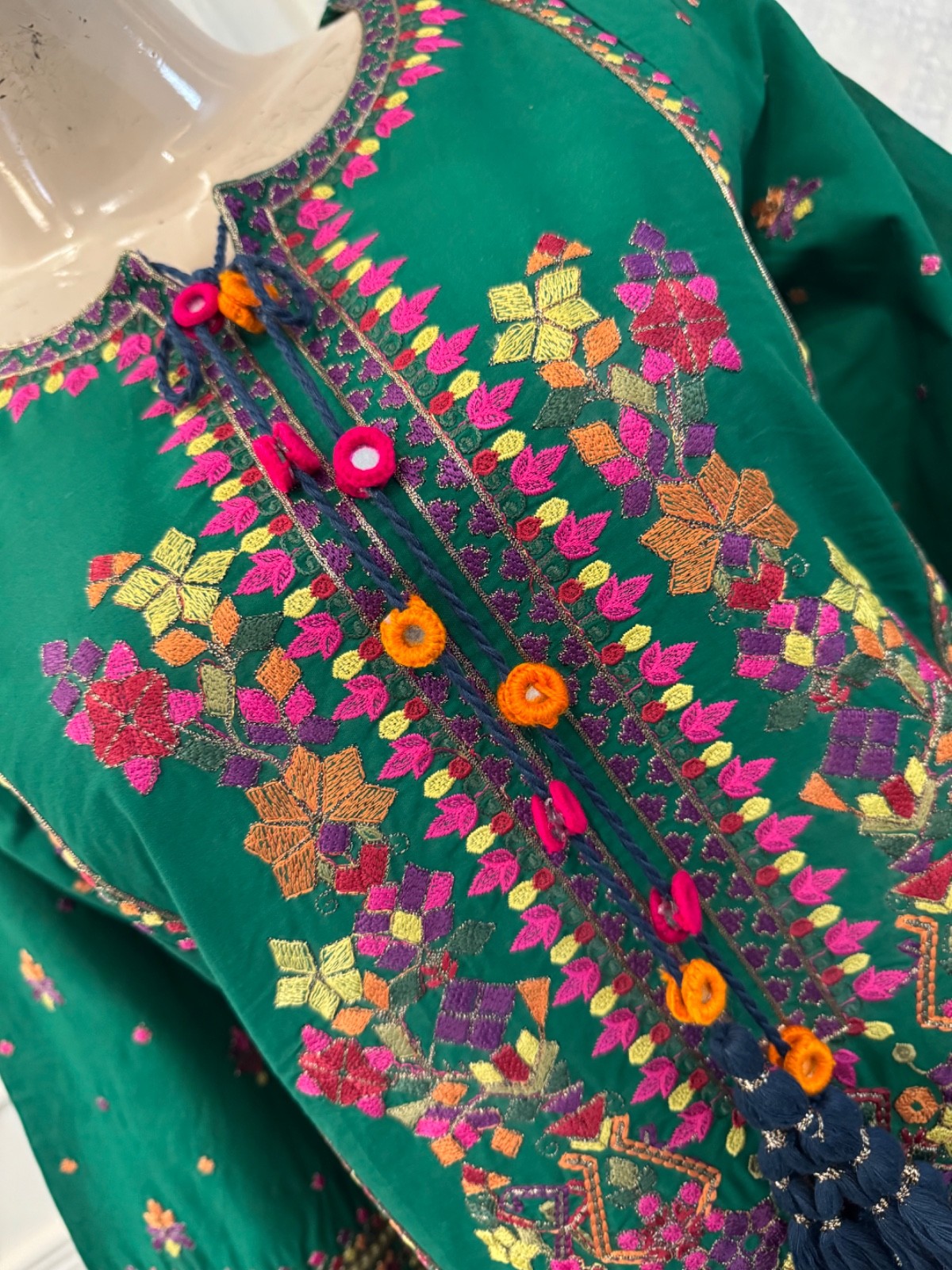 Pakistani Green & Blu luxury cotton/Lawn A-line Shirt 3PCS embroidered dress ,L