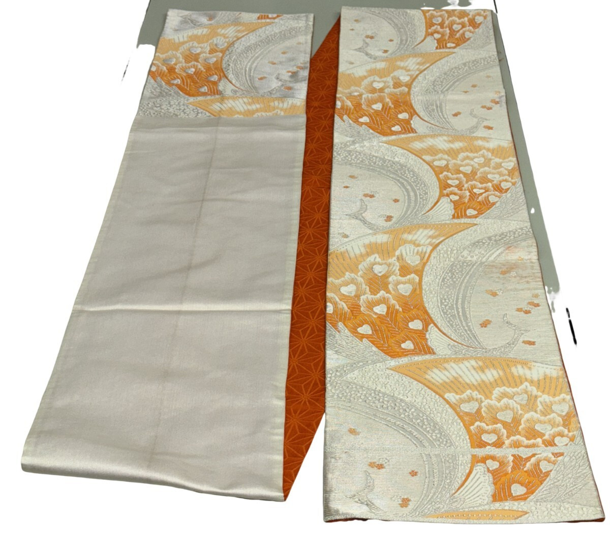 Japanese Vintage Kimono Fukuro Obi silk silver expensive embroidery 162.2×12.2in