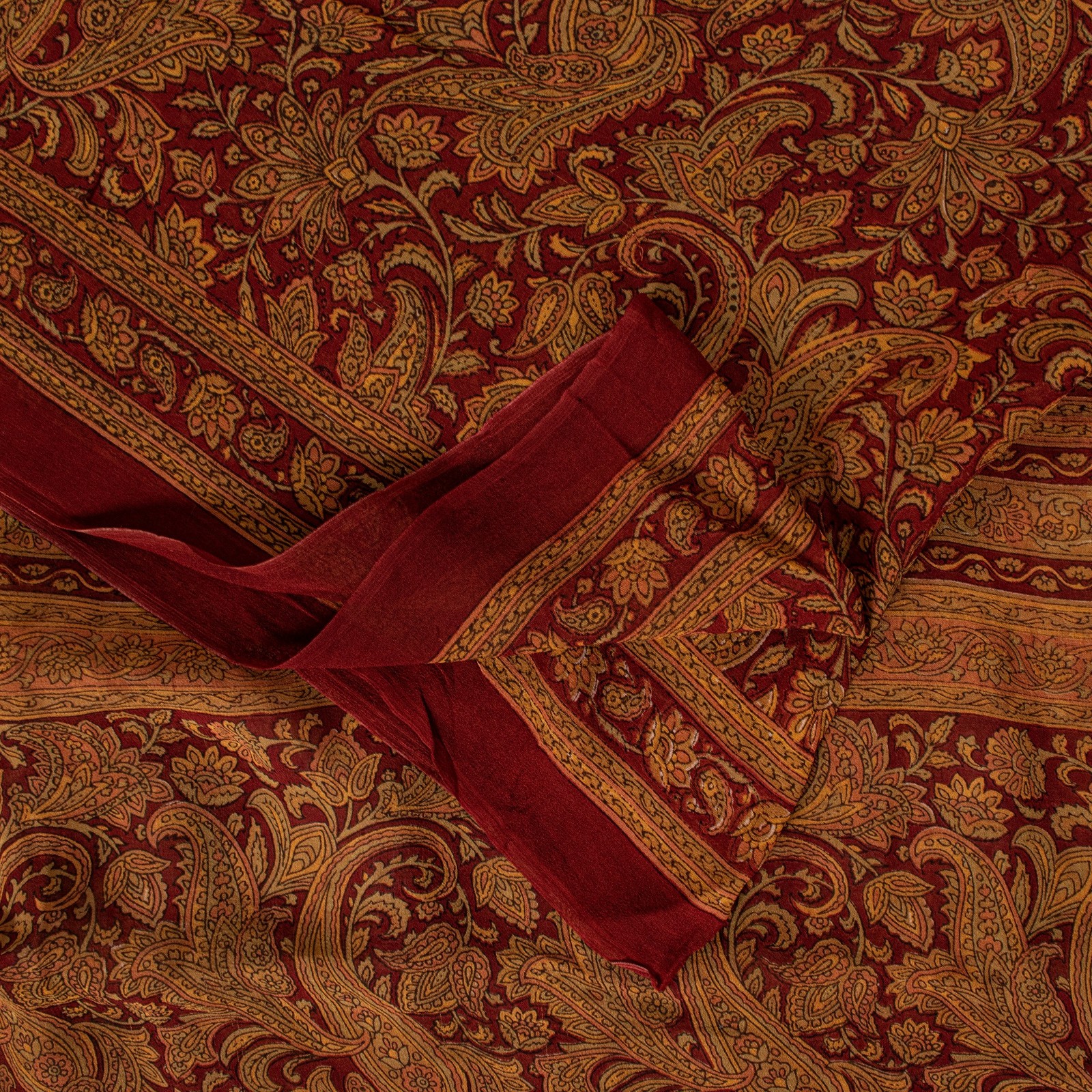 Sanskriti Vintage Dark Red Sari Pure Georgette Kalamakari Hand Block Saree 6 Yd