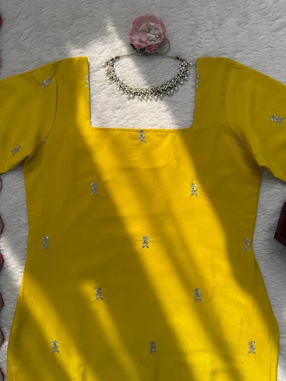 Party Wear Natural Crep Silk Yellow Top Palazzo With Dupatta For Women & Girls