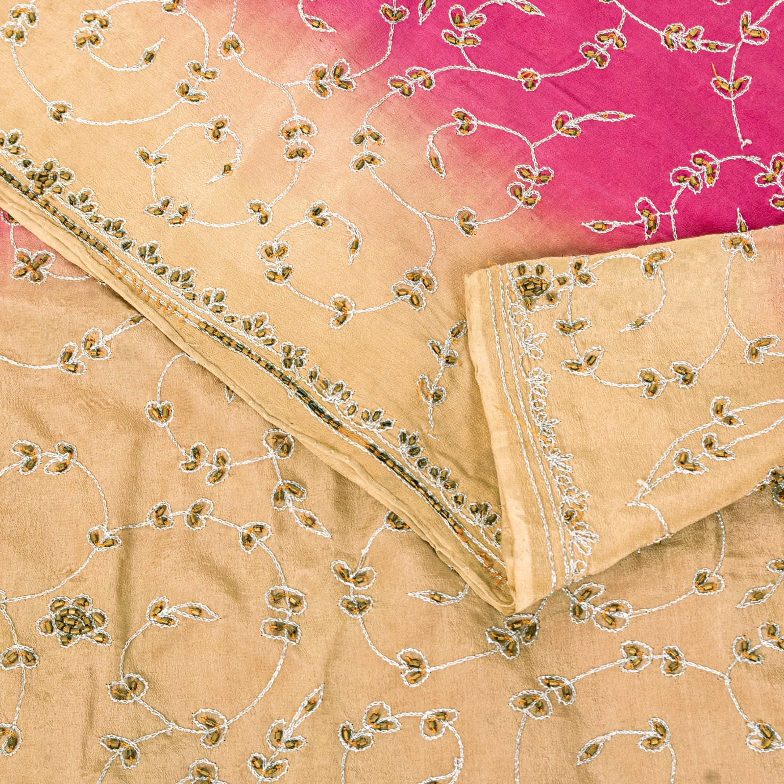 Sanskriti Vintage Pink Sari 100%Pure Crepe Silk Hand Beaded Sarees 5.5+Yd Fabric