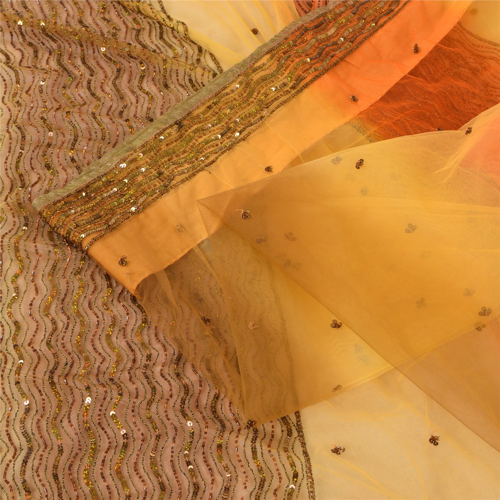Sanskriti Vintage Yellow/Orange Sarees Net Mesh Hand Beaded Ethnic Sari Fabric