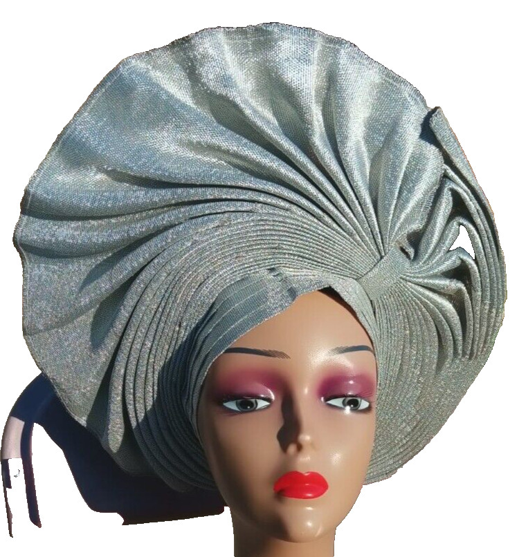 Grey/silver african elegant auto gele made with asooke for women NEW