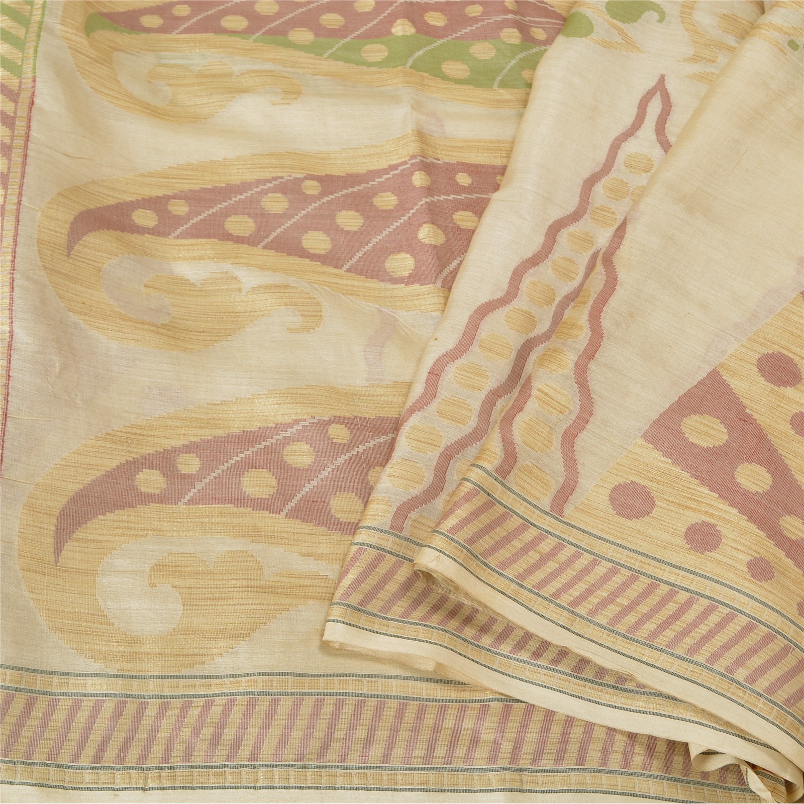 Sanskriti Vintage Ivory Indian Sarees Blend Silk Woven Sari Craft 5 Yard Fabric