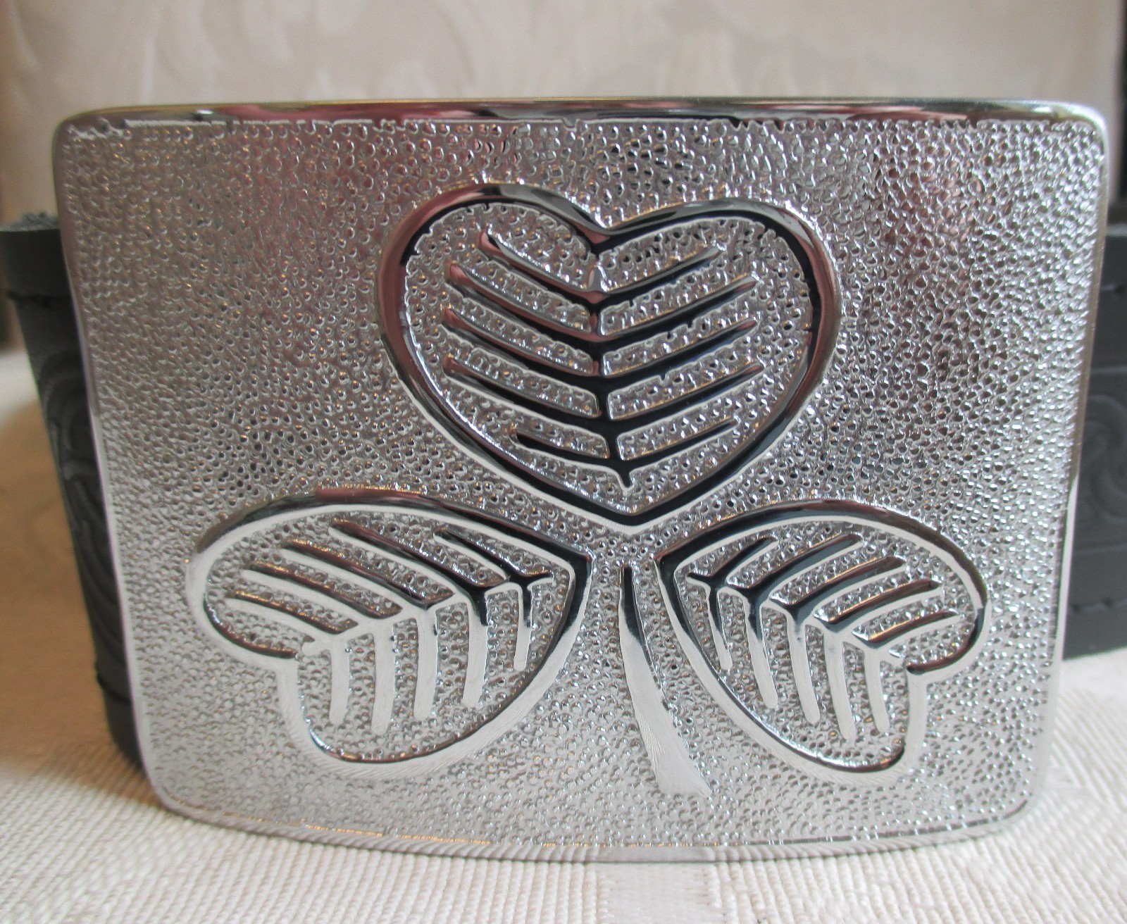 NEW Celtic Embossed Black Leather Belt & Irish Shamrock Buckle Kilt Accessory