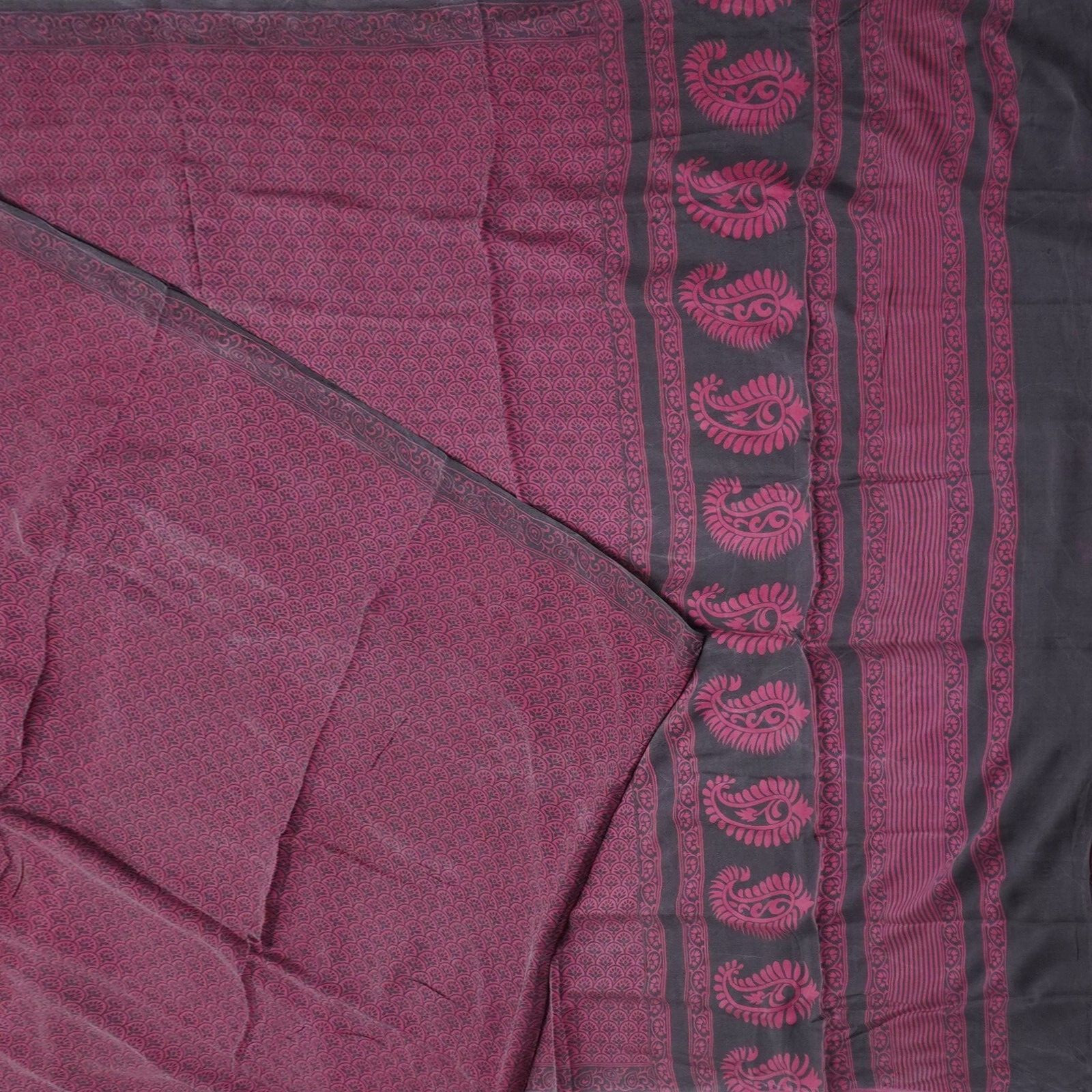 Vintage Dark Purple Sarees 100% Pure Silk Printed Floral Sari 5YD Craft Fabric