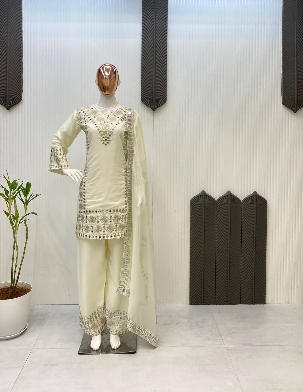Presenting Off White Georgette Top And Palazzo With Dupatta For Party Wear