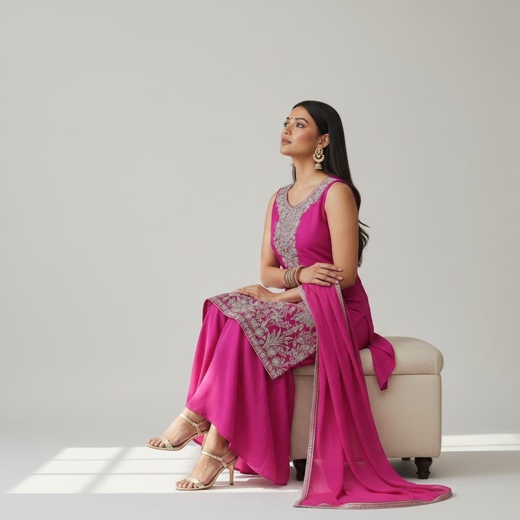 Pink Sharara Suit Women Pearl Work Kurti Dupatta Indian Wedding Party Wear 38