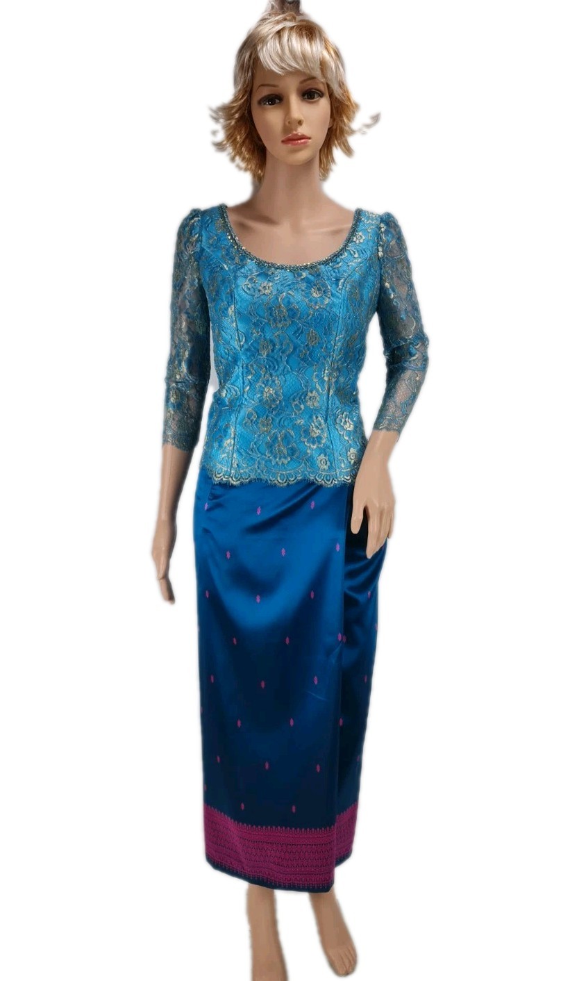 Khmer Cambodia Traditional Skirt Set Size M Blue Lace Khmer Skirt