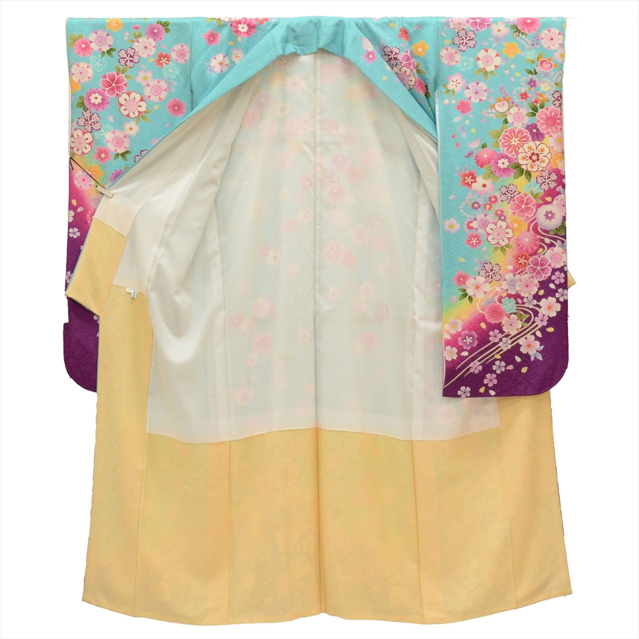 Vintage Japanese Kimono Furisode Silk Light Blue Gold Embroidery uu0243b*