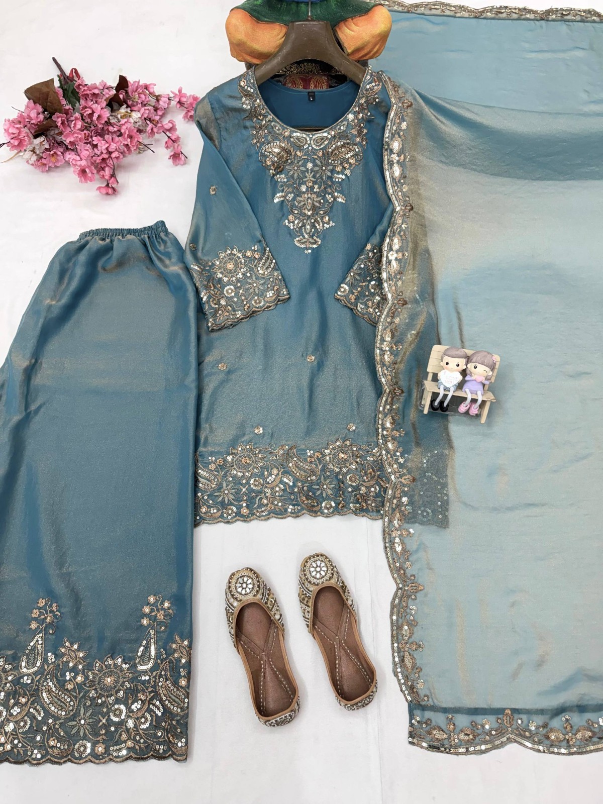 Grey Blue Pakistani Salwar Kameez Palazzo Suit With Dupatta Indian Wedding Dress