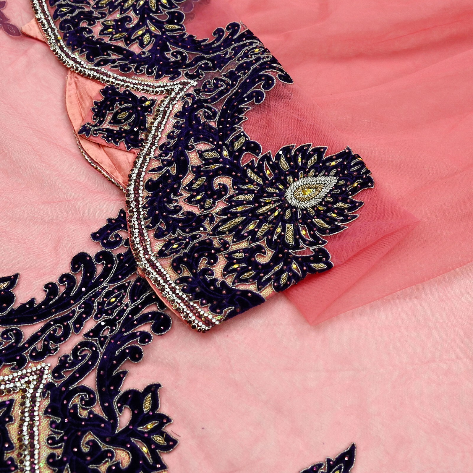 Vintage Heavy Sari Peach Net/Mesh Hand Embroidered Sarees Craft Fabric 5Yd