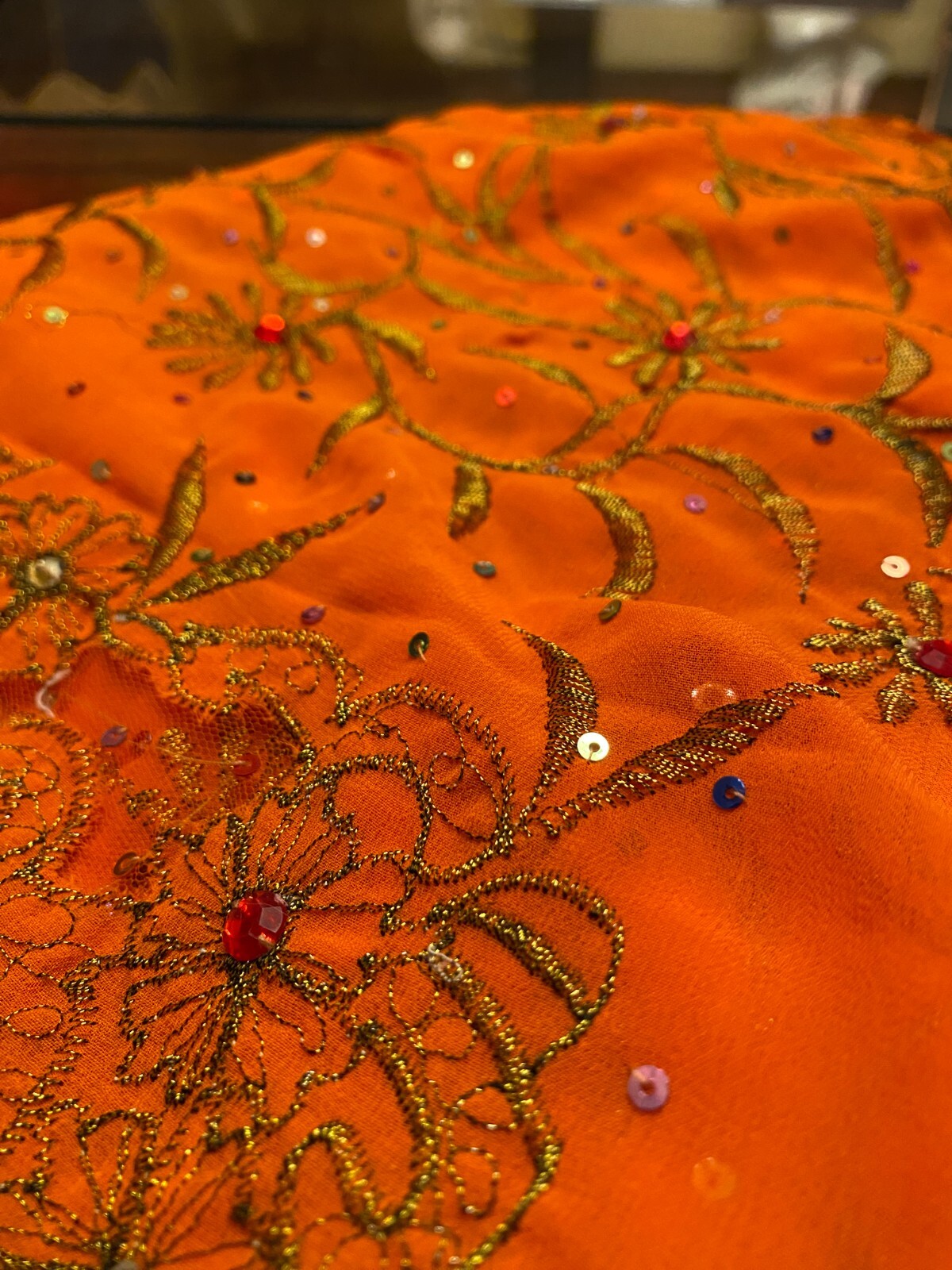 Vintage SARI Wrap ORANGE SHeer Chiffon Embroidery SEQUIN Fabric 6 yds 45″ Red