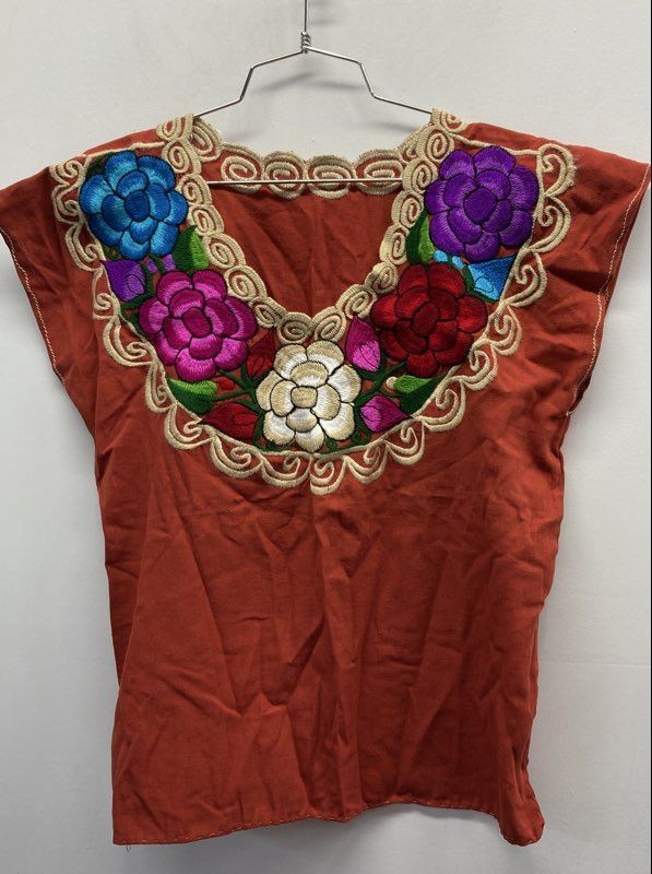 Women’s Terracotta Orange Floral Embroidered Blouse Mexican Peasant Huipil Top