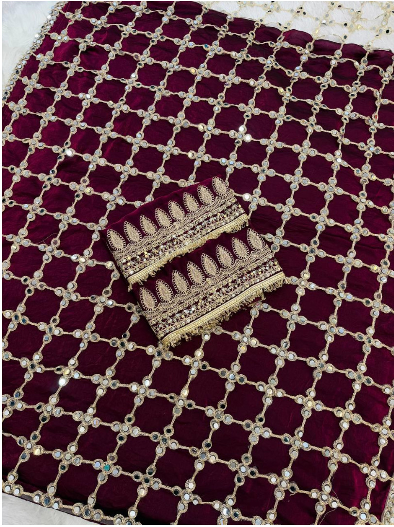 Designer Fendy Silk Maroon Color Saree with Mirror Work & Unstichhed Blouse