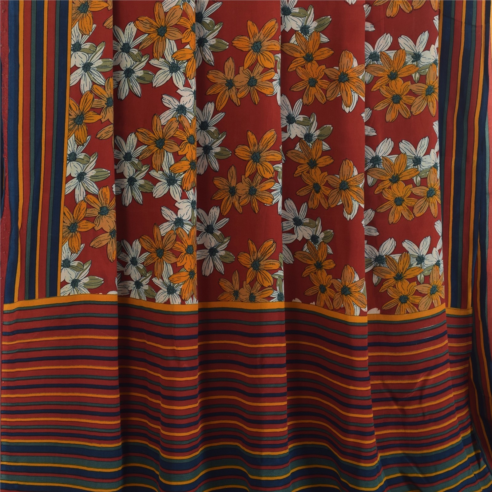 Sanskriti Vintage Saree Red 100% Pure Crepe Silk Floral Print Sari 5.5+Yd Fabric