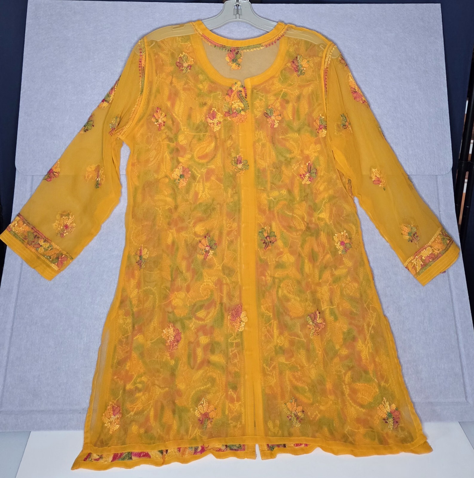 Bollywood Pakistani/India Kurta Sheer Embroided Pull Over Orange Floral Design