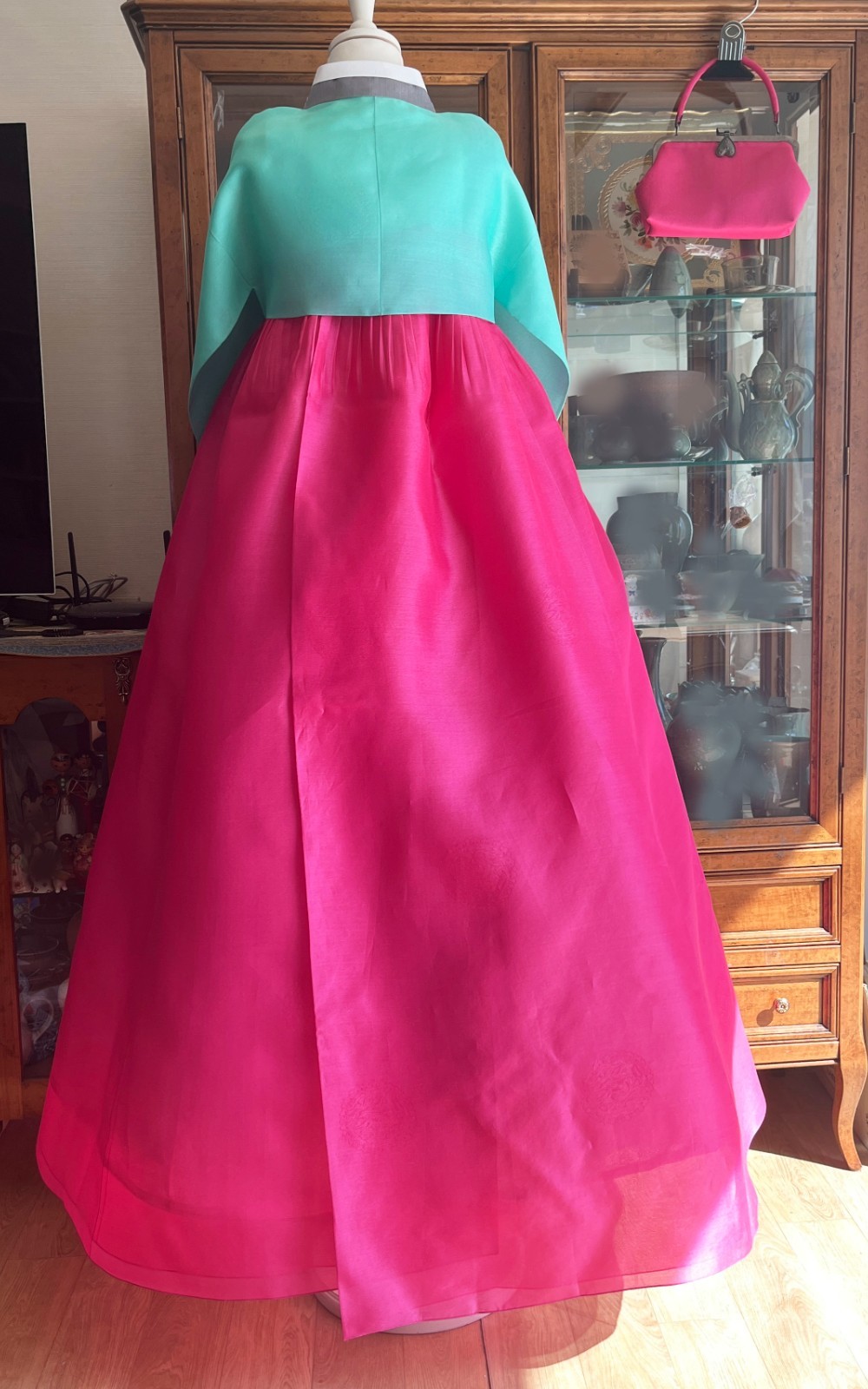 Korean Traditional Dress Silk Hanbok Set-Mint & Pink / Petticoat & Hanbok Bag