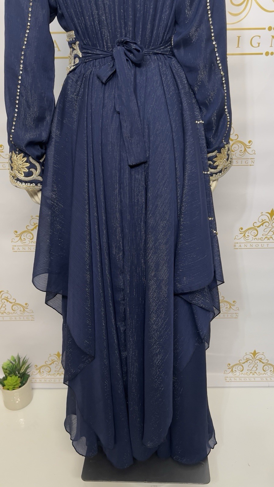 Fancy Kaftan long Party Dress Embellished Golden Embroidery Rhinestone Navy