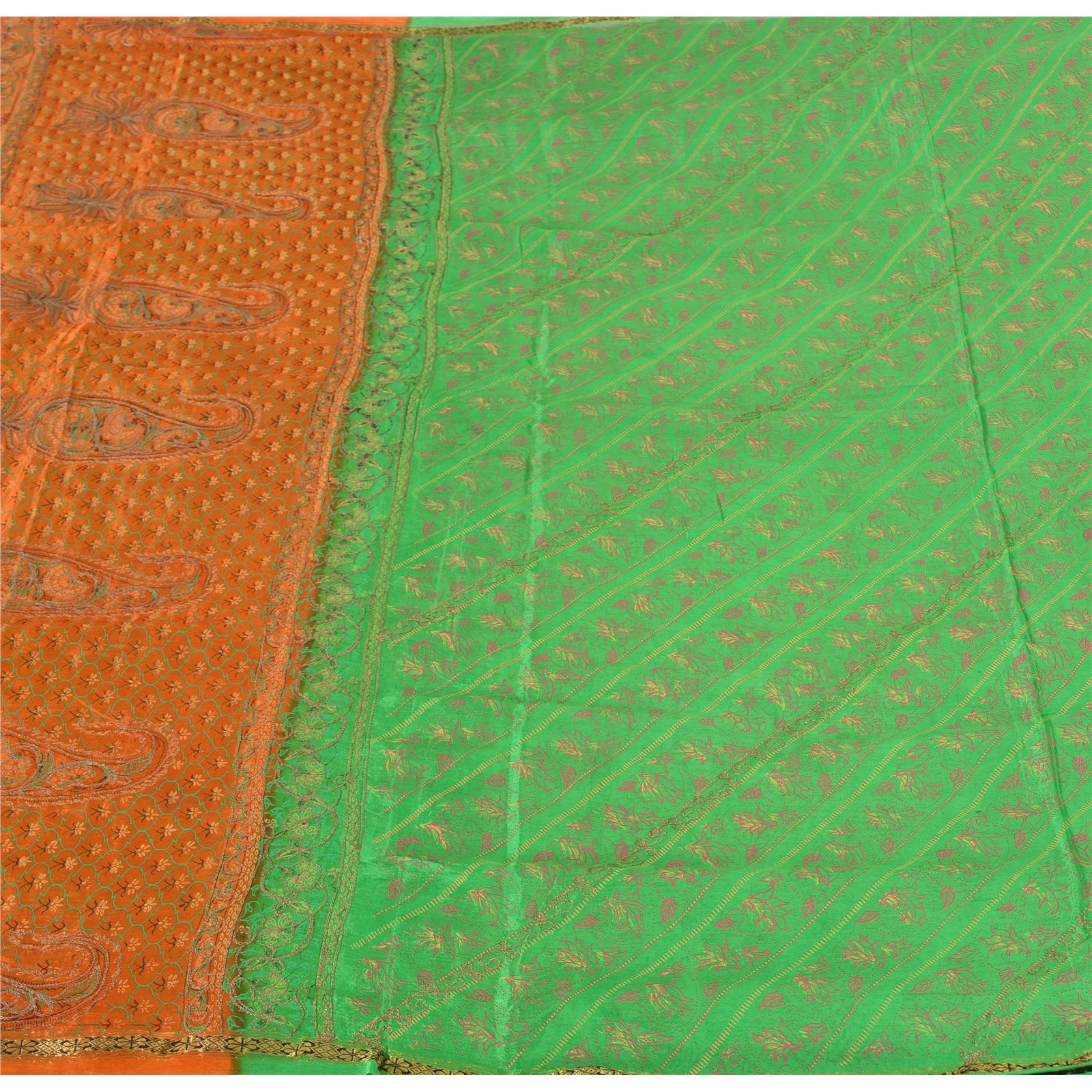 Sanskriti Vintage Green Sarees Cotton Silk Hand Embroidered Sari 5Ydcraft Fabric