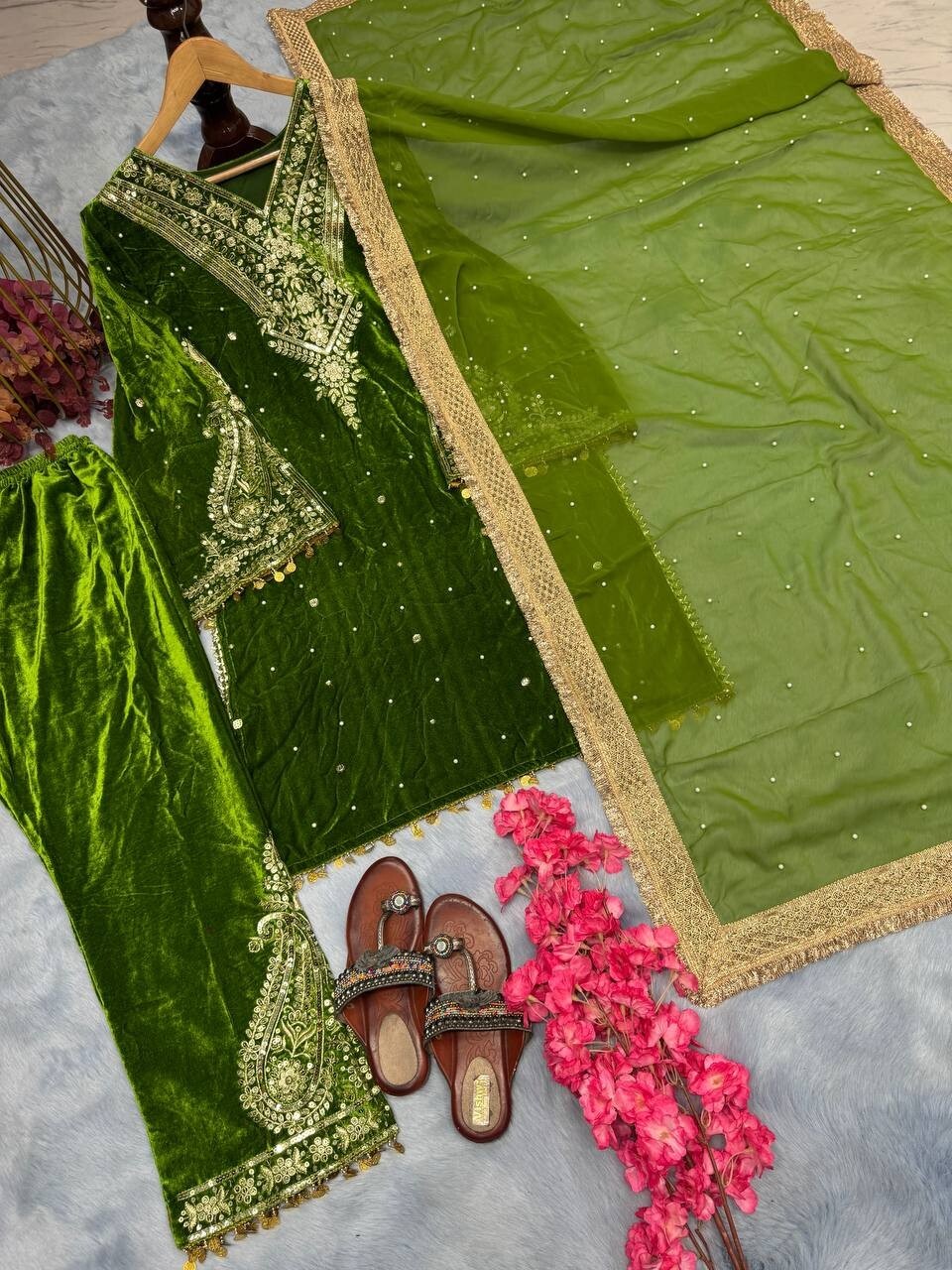 Green Heavy Viscose Velvet Palazzo Suit With Dupatta For Women & Girls