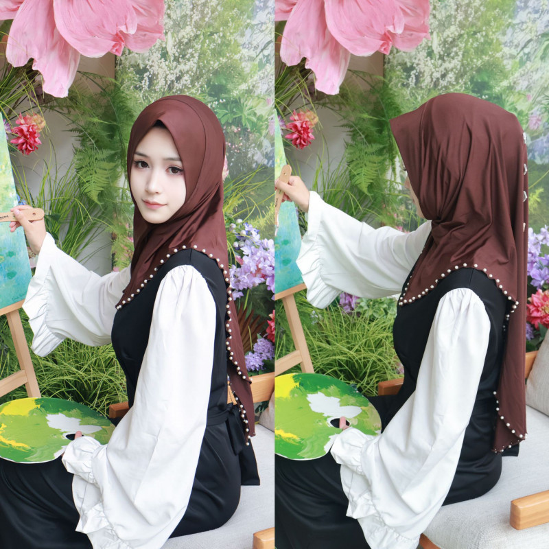 Muslim High End Rose Pearl Solid Color Shawl Headscarf Shayla Chador Scarf Hat