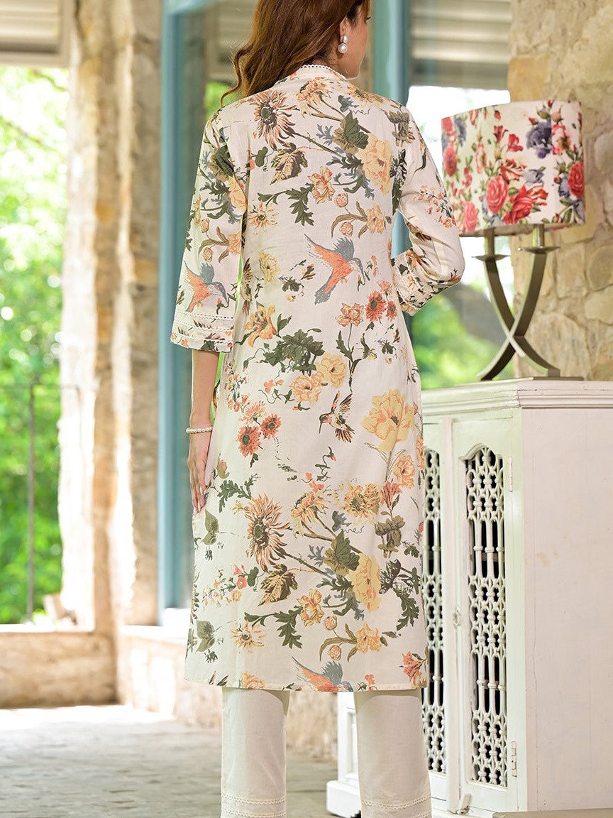 Cream Floral Printed Straight Cotton Kurta Set for Women Ethnic Suit Plus Size