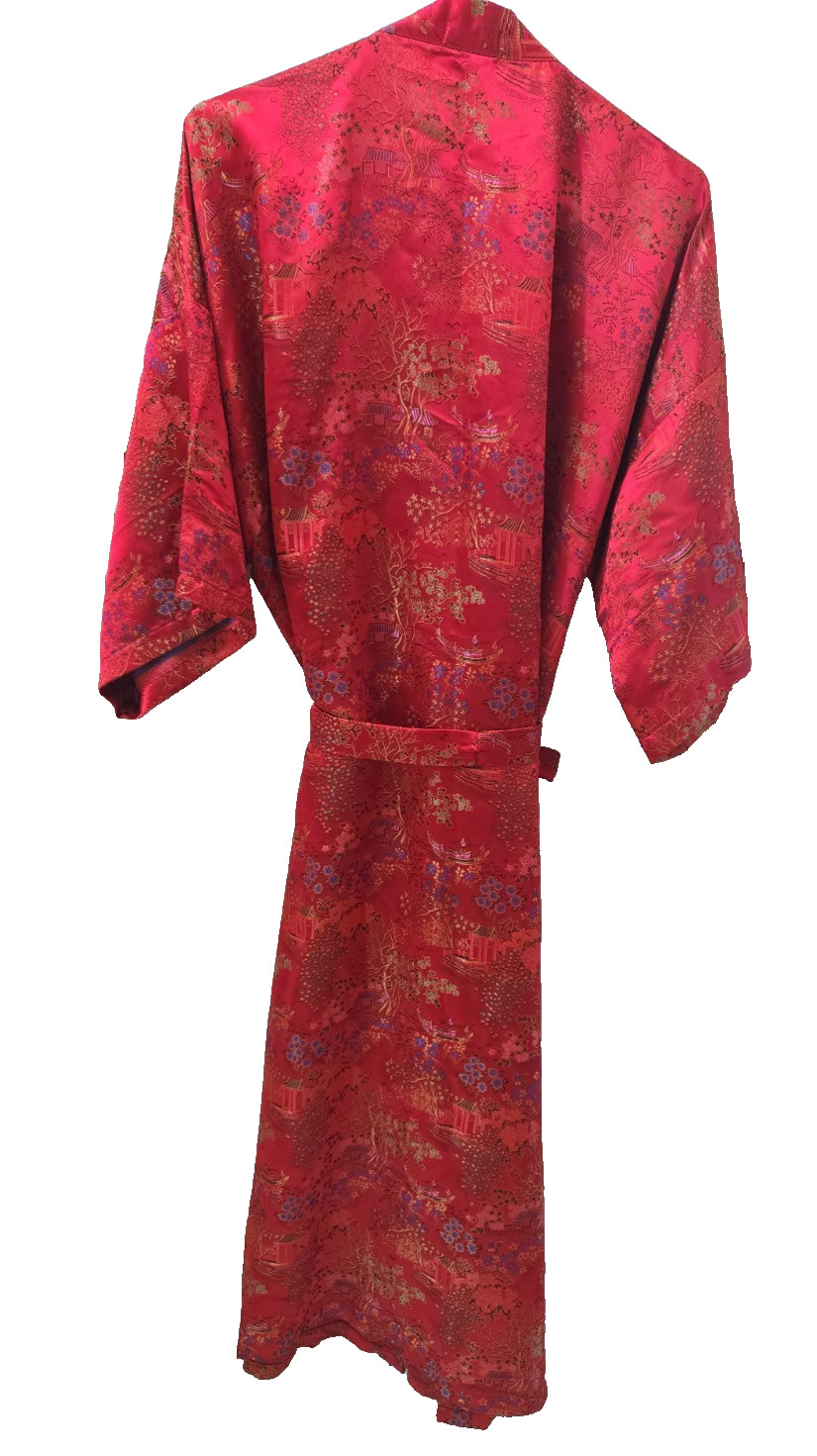 Double Peach Long Heavy Silk Red Gold Jacquard Oriental Kimono Robe Belt O/S