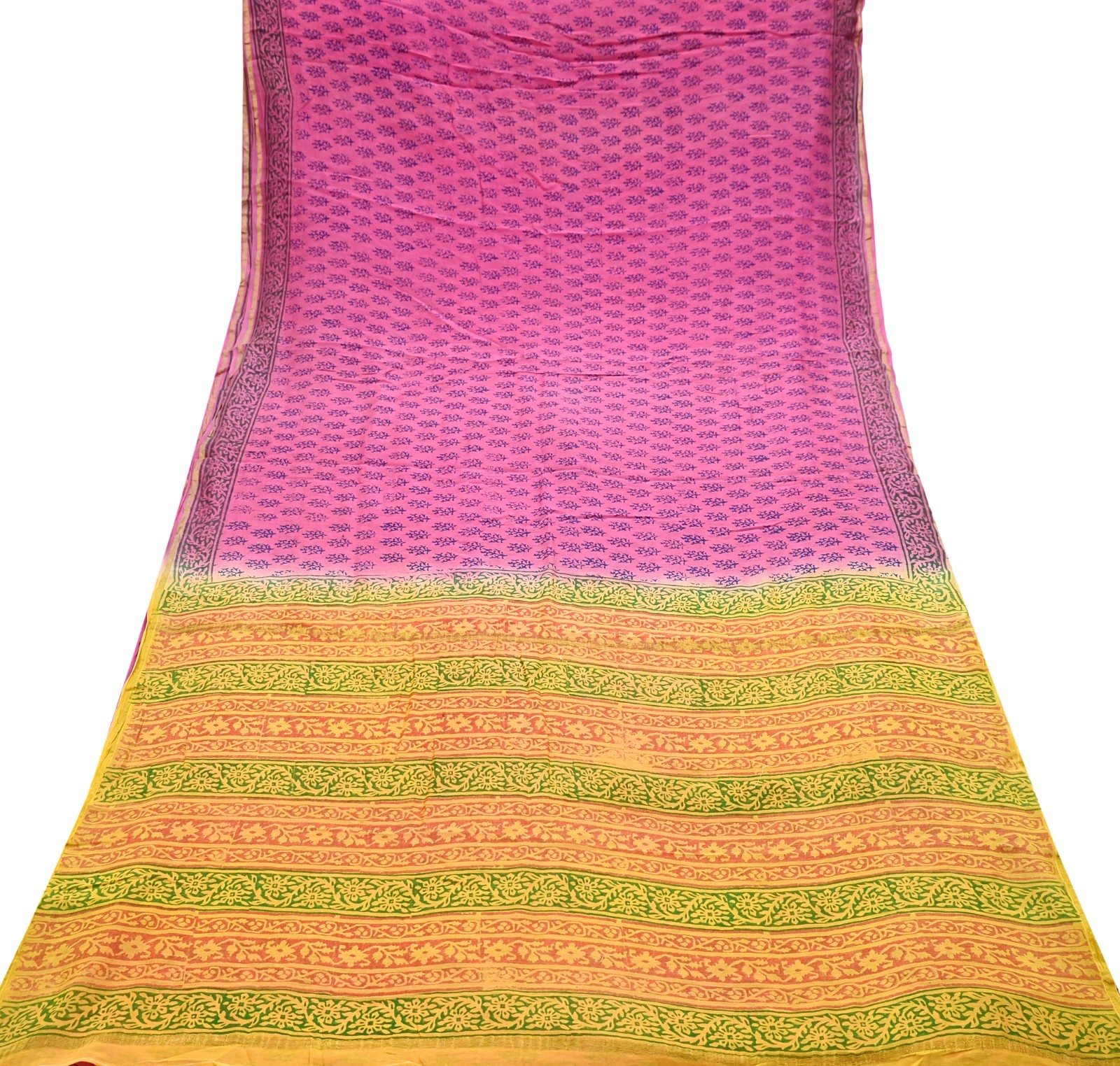 Indian Vintage Sari Pink Block Printed Sari Pure chanderi Silk Saree Fabric 5Yd