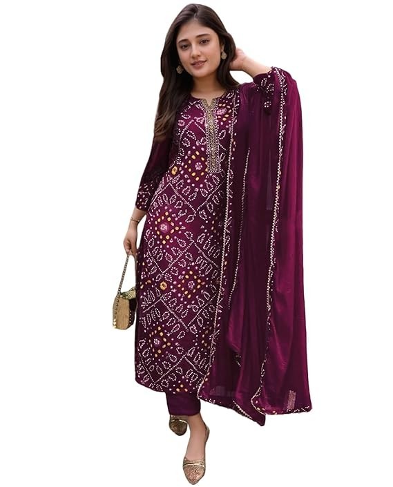 Women Bhandej Printed Purple Kurta With Pant & Dupatta , Plus Size Salwar Kameez