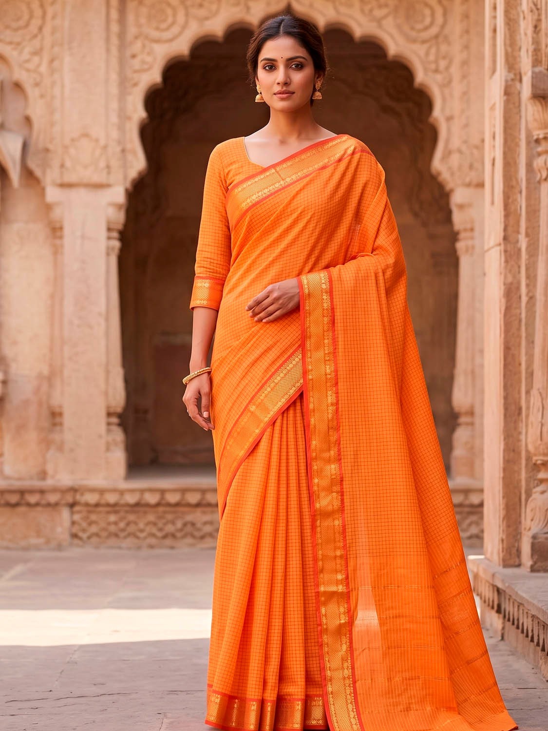 Women Orange Gadwal Cotton Saree With Traditional Border And Without Blouse