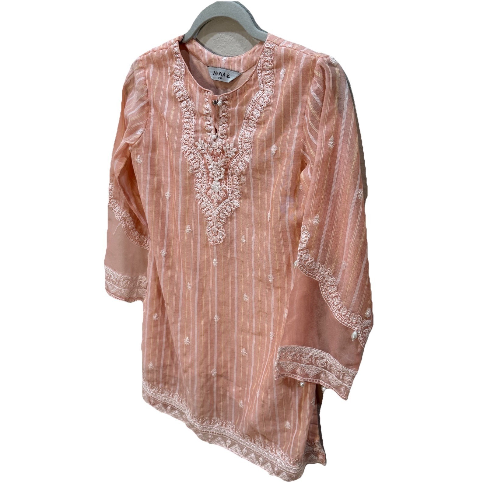 Original Maria B Girls Suit Peach Stripe Cotton Embroidered Shalwar Kameez 12-14