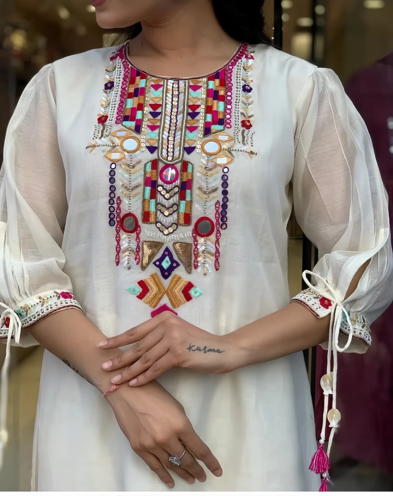 Chanderi Suit Set with Palazzo, Traditional Ethnic Wear With Tassel Details