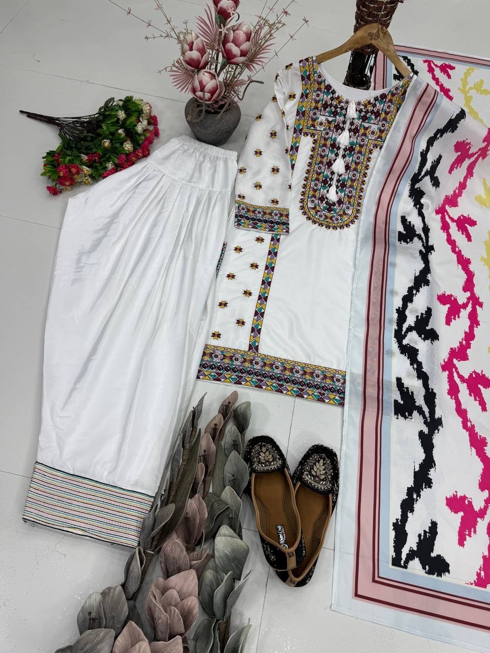 Heavy Natural Silk White Top Palazzo With Dupatta For Indian Functional Wear