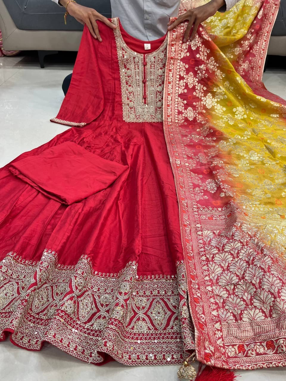 Fully Readymade Anarkali Kurta Pant With Dupatta Set 3 Piece Combo For Partywear