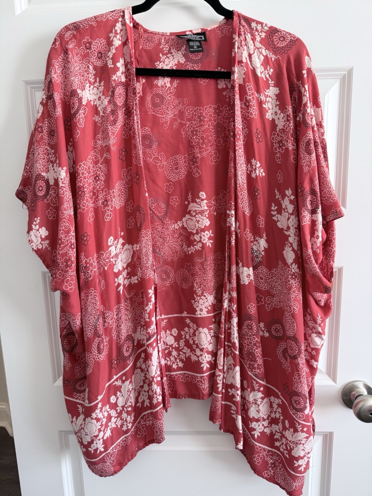 Angie Floral Kimono Cover Up Coral Red White Boho Open Front Duster Size M Rayon